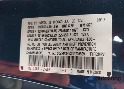 2016 Honda Cr-V Ex from USA, damaged, VIN 3CZRM3H53GG706909